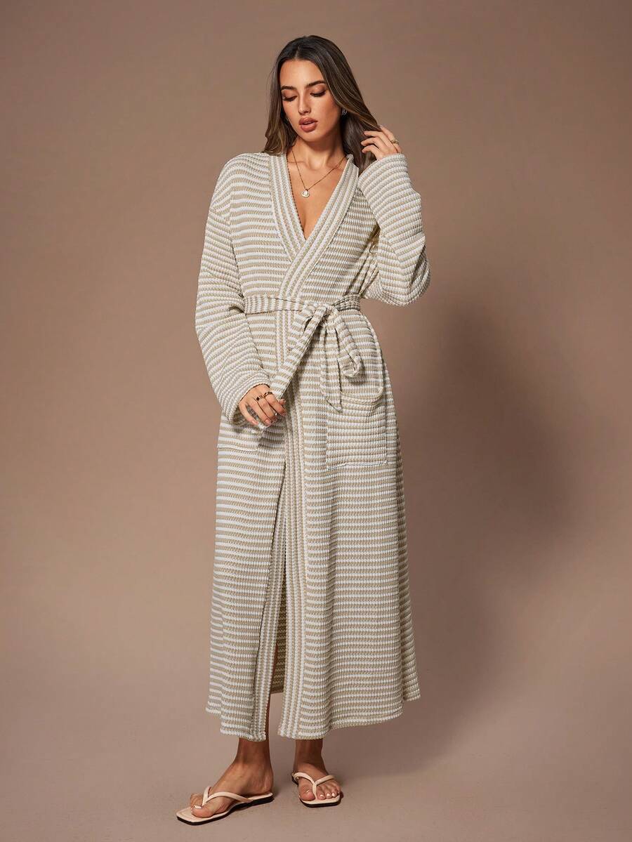 Lazeform 女士休闲条纹提花针织长袖系带睡袍，带口袋，秋冬款 - 杏色 - 查看 1