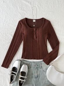 SHEIN Áo thun tay dài thoải mái, vừa vặn, có khóa kéo nửa thân dành cho bé gái tuổi mới lớn - Cà phê nâu - Xem 6