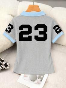 INAWLY 女士撞色滚边字母印花休闲短袖上衣，夏季 - 灰色 - 查看 2