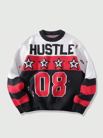 Street Life Herren Lässig Pullover Sweater mit Buchstaben- und Pentagramm-Jacquard-Muster, Herbst/Winter