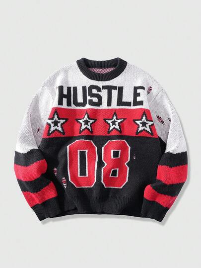 Street Life بلوفر كاجوال للرجال بنقشة جاكارد بحرف وخماسي النجوم، خريف/شتاء