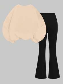 SHEIN Leap Crew Autumn Retro Cute Leopard Bow Print Cream Khaki & Black 2pcs Set, Teen Girls Casual Loose Fit Round Neck Long Sleeve Sweatshirt And Flare Pants - Multicolor - View 3