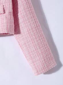 少女优雅时尚长袖短款仿口袋仿珍珠纽扣粗花呢西装外套，搭配修身圆领长袖白色基础款T恤和高腰百褶迷你裙，三件套冬季套装 - 粉色 - 查看 5