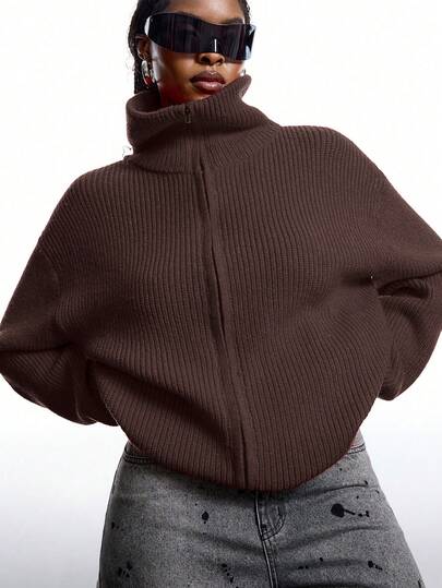 LYSMO Große Größen Damen Einfarbiger Cardigan mit Drop Shoulder, Langarm und Doppelreißverschluss, Herbst/Winter