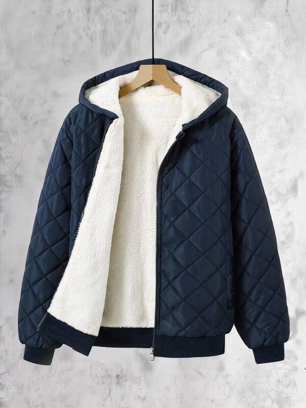 Casual Hooded Diamond Quilted Padded Coat For Teenage Boys, Suitable For Autumn/Winter Wear And School Fall