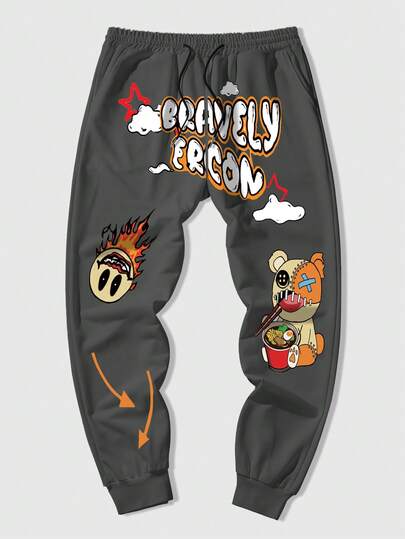 Street Life Pantaloni casual da uomo con vita con coulisse, stampa di lettere e orso cartoni animati