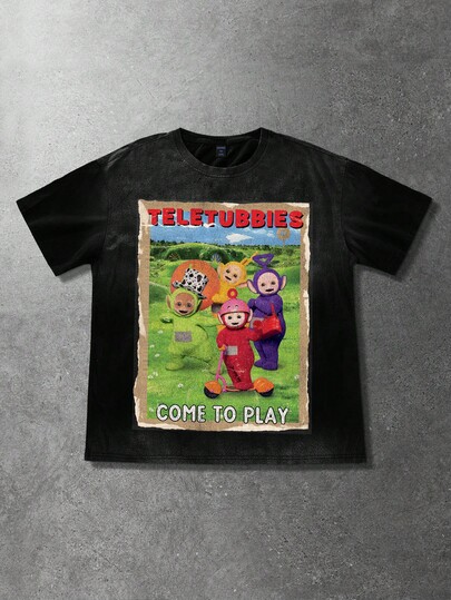 Teletubbies X ROMWE Men's Casual Cute Cartoon Pattern Round Neck Short Sleeve T-Shirt, Summer