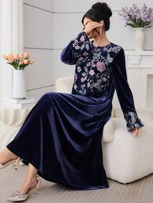 Al Najma Velvet Patchwork Mesh Embroidered Blue Elegant Dress - Multicolor - View 2