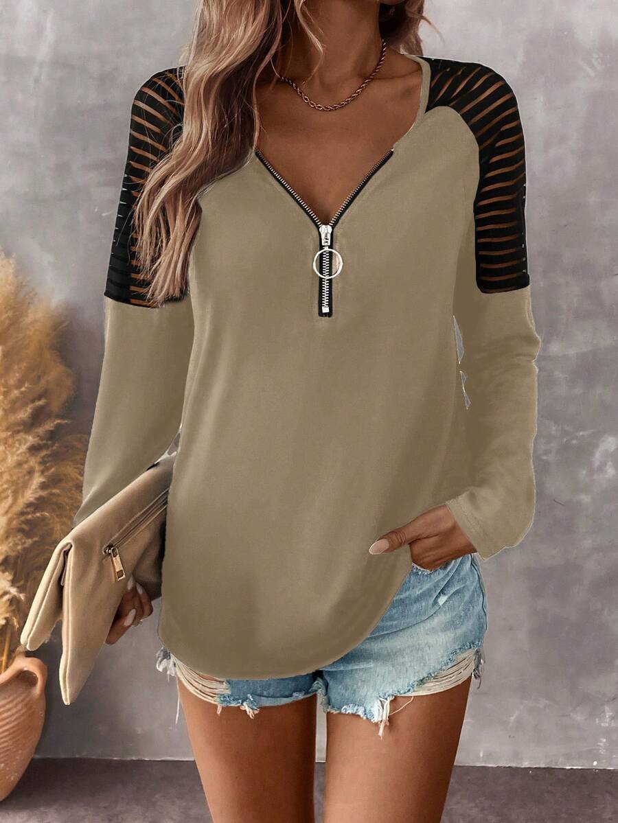 SHEIN LUNE Women's Autumn Splice Shoulder Zip V-Neck Raglan Long Sleeve Casual Knit T-Shirt - Apricot - View 1