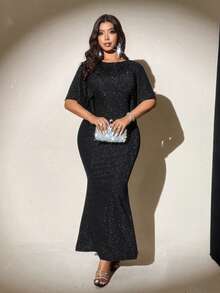 Viva Relle Plus Size Women's Elegant Backless Knit Dress, Sparkly Fabric, Round Neck, Waist Cinched, Sexy Party Gown, Fashion Statement, Versatile, Suitable For Spring, Autumn, Winter - Black - View 3