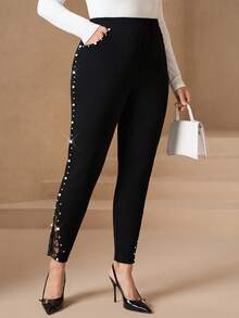 Chikora Plus Size Slant Pocket Elegant Faux Pearls Beaded Skinny Pants Office Attire For Women Work Outfits For Women Work Tops For Women Office Attire For Women Work Outfits For Women Work Tops For Women Pantalones De Mujer Pantalon Femme Calça Feminina Pantalones Mujer Pantalones De Mujer Pans De Mujer Pearl Embellished Pants - Black - View 5
