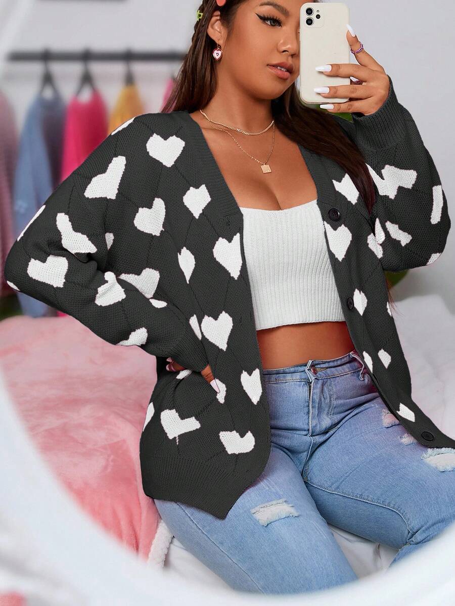 EURMUSE Plus Size Casual Heart Pattern Front Button Cardigan, Autumn/Winter - Dark Grey - View 1