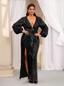 VOLUPTÉ CURVE Plus Size Women's Spring/Summer Black Floor Length Dress Sequin V Neck Long Sleeve Side Slit,Elegant Casual Formal Beach Party Wedding Guest Dress - Black - View 5