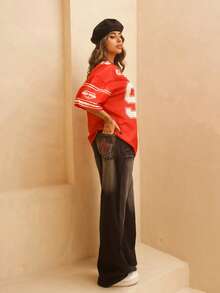 Rayane Ketlyn Maglia da baseball da donna in stile vintage, in rete traspirante con grafica a numeri, per primavera/estate, per uscire e per festival - Rosso - Visualizzare 2