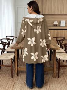 SHEIN LUNE Plus Size Women Floral Print Long Sleeve Zip Front Casual Hooded Jacket, Random Print - Multicolor - View 2