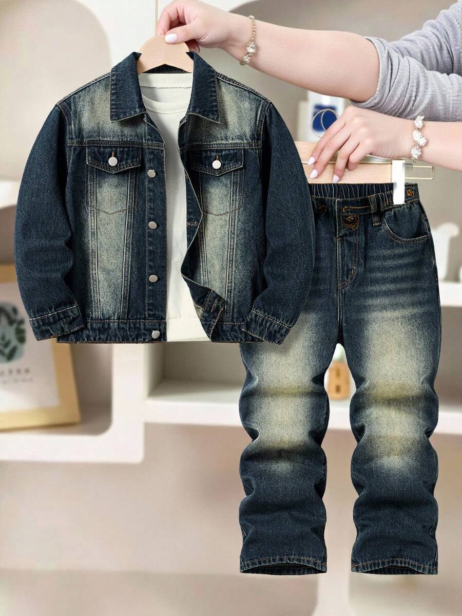 Tween Boys Denim Two Pieces Outfits, Casual Fashion Versatile Collared Long Sleeve Jacket + Elastic Waist Zipper Fly Straight Leg Jeans Denim Suit Designer Jeans For Kids - Dark Wash - View 1