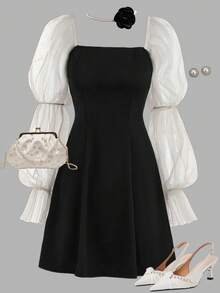 Girlism Váy chữ A cổ lá sen màu tương phản cho bé gái tuổi teen - Nhiều màu - Xem 1