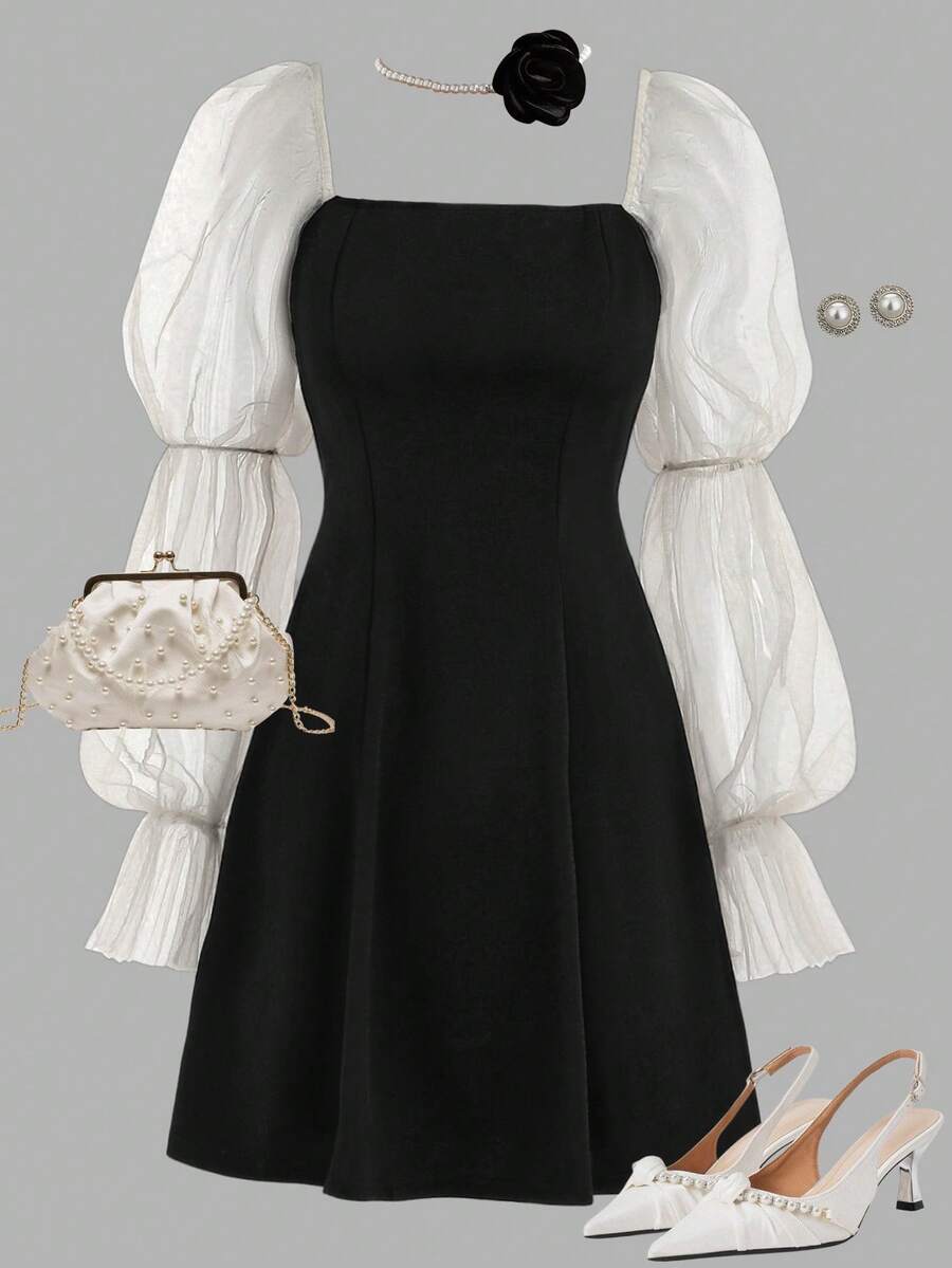 Girlism Váy chữ A cổ lá sen màu tương phản cho bé gái tuổi teen - Nhiều màu - Xem 1