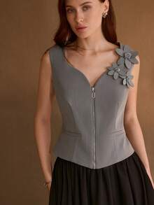 MOTF PREMIUM 花卉贴花拉链上衣 - 灰色 - 查看 4