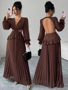 SHEIN Elenzya Váy tay bồng, cổ chữ V, lưng khoét sâu, viền bèo nhún, dáng chữ A, thanh lịch và lãng mạn, vải voan, váy thường ngày cho nữ - Cà phê - Xem 1