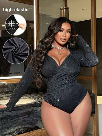 NU&NOW Plus Size Women's Sexy Party Shiny Elastic Fabric Bodysuit, Fitted Sweetheart Neck, Long Sleeve