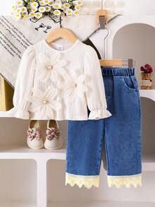 2 Stücke Mädchen elegantes Outfit Set: Beige Chiffon Langarm Top mit Perlknöpfen und floralem Design und gerade geschnittene Hose, Herbst - Aprikosenfarben - Übersicht 1