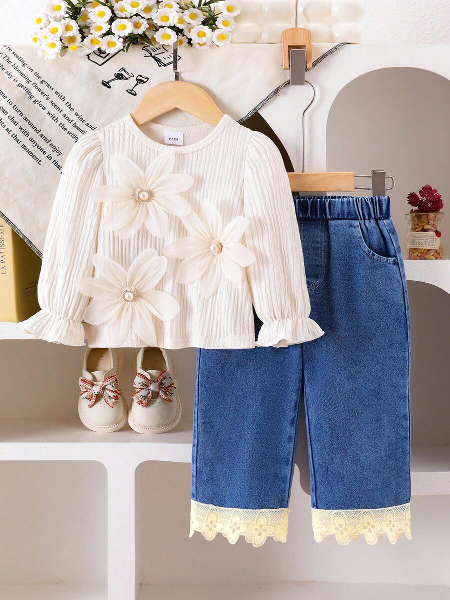 2 Stücke Mädchen elegantes Outfit Set: Beige Chiffon Langarm Top mit Perlknöpfen und floralem Design und gerade geschnittene Hose, Herbst - Aprikosenfarben - Übersicht 1