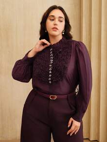 Anewsta Plus Size Women's Ruffled Collar Lace 3D Flower Blouse, Suitable For Christmas, New Year Party, Spring & Autumn - Purple - View 5