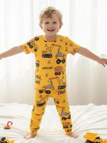 2 件套幼儿男童休闲卡车和字母印花圆领短袖上衣和松紧腰针织紧身裤，可爱家居服 - 黃色 - 查看 1