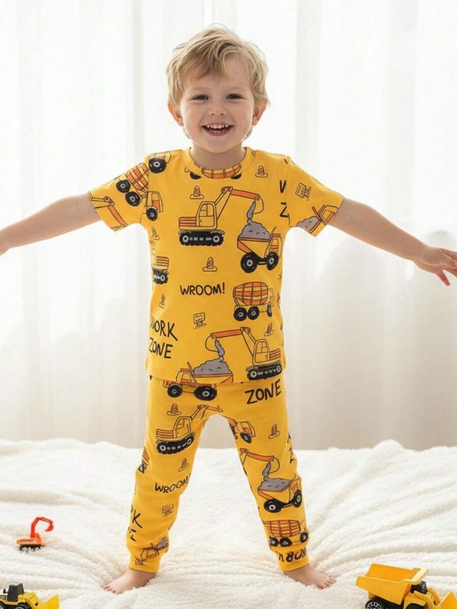 2 件套幼儿男童休闲卡车和字母印花圆领短袖上衣和松紧腰针织紧身裤，可爱家居服 - 黃色 - 查看 1