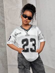 SHEIN Áo thun tay dài họa tiết chữ và số đơn giản, phối lưới cho bé gái tuổi teen, màu sắc đơn giản, đa năng, thích hợp mặc khi đi làm, đi học, mặc thường ngày, du lịch, tiệc ngoài trời, thể thao, thu/đông - trắng - Xem 2