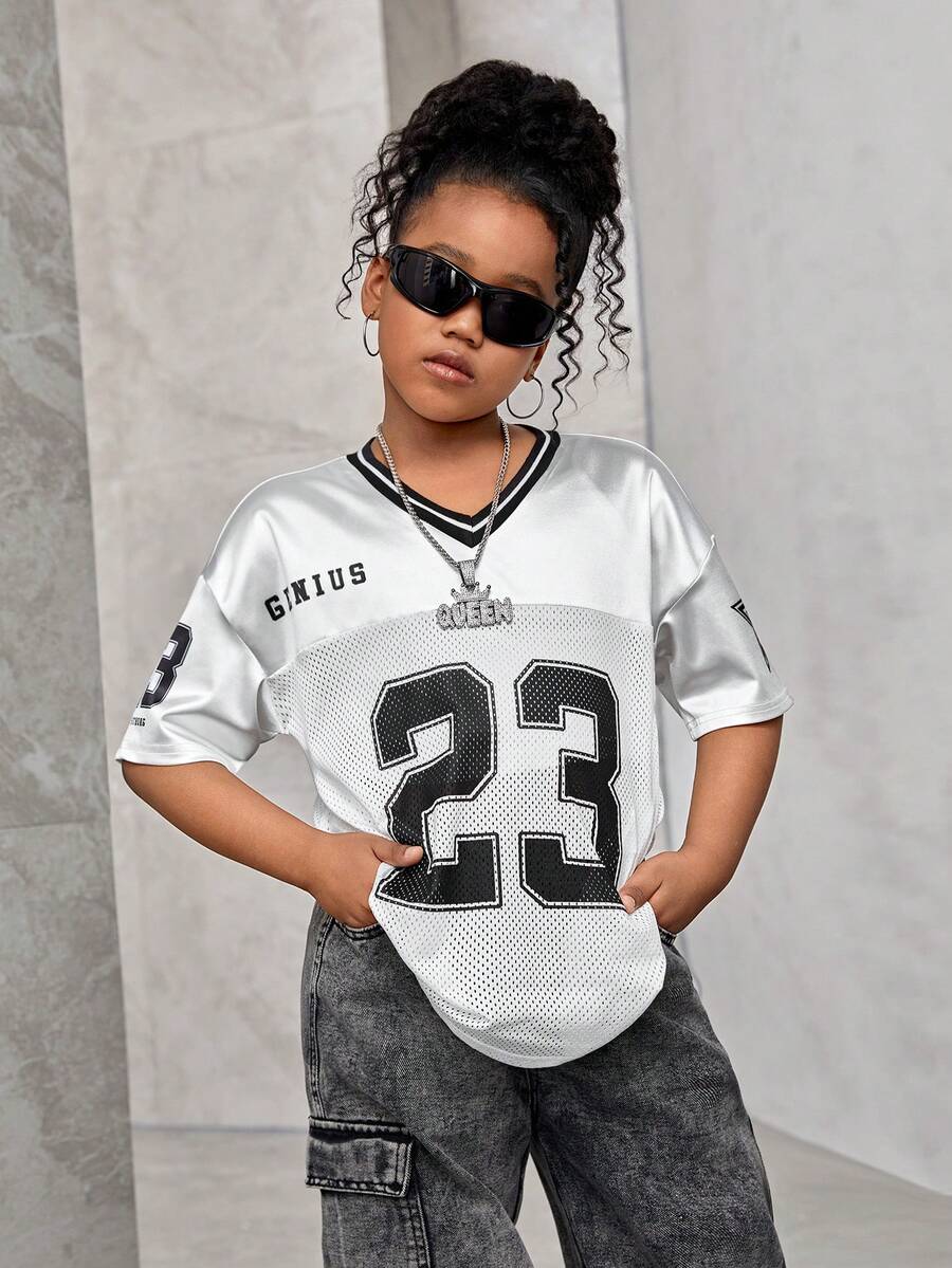 SHEIN Áo thun tay dài họa tiết chữ và số đơn giản, phối lưới cho bé gái tuổi teen, màu sắc đơn giản, đa năng, thích hợp mặc khi đi làm, đi học, mặc thường ngày, du lịch, tiệc ngoài trời, thể thao, thu/đông