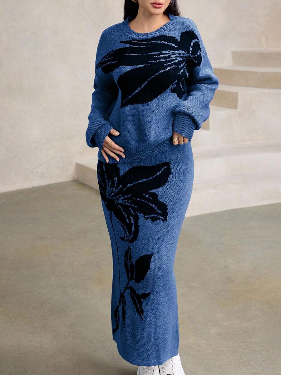 Modelyn 女士花卉提花圆领落肩长袖毛衣和针织中长裙休闲两件套,秋冬款 - 藍色 - 查看 1