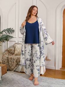 Serenescape Crinkle Print Vacation Style Robe And Camisole Pants Set, Autumn/Winter - Khaki - View 3
