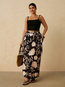 Travachic 大码女式优雅印花裹身系带半身裙，浪漫波西米亚风沙滩裙 - 黑色 - 查看 6