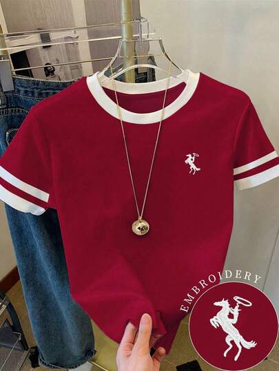 SHEIN Camiseta de mujer/Estampado de patrón de Paul/Artesanía de bordado/Camiseta holgada casual de mujer de cuello redondo con contraste de color/Primavera y verano