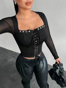 SHEIN SXY Sexy Streetwear Fishnet Lace-Up Long Sleeve Top,Sexy ,Fall,Party ,Club,Casual,Mesh , - Black - View 1