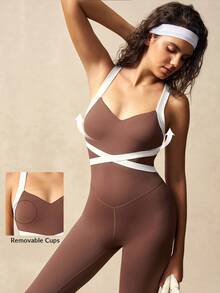 VARSIVA Women's Brown And White Cross-Strap V-Neck Jumpsuit With Built-In Bra Pads And Beautiful Back Design, Suitable For Yoga, Pilates, And Sports. - Multicolor - View 11