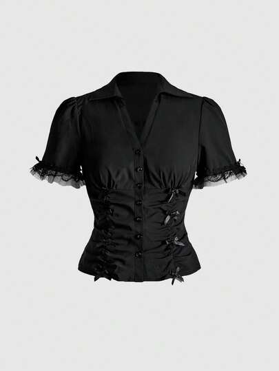 Goth Blusa aderente a maniche corte con inserti in pizzo e patchwork per donna