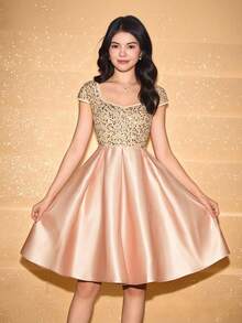 Teen Girls Sleeveless Sequin Patchwork Waist Cinched Elegant Halloween Christmas Dress - Champagne - View 6