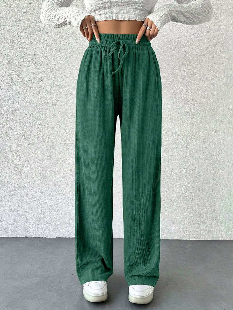 EURMUSE Elastic Waistband Drawstring H-Shape Wide Leg Design Casual Women's Long Pants