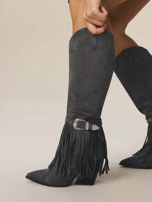 Styleloop Women's Over-The-Knee Woven Boots, Suitable For Vacation, Boho, Western, And Music Festival Styles - Dark Grey - View 5