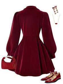 Sparklyn Elegant Retro Versatile Dress For Teen Girls - Small V-Neck With 5 Buttons On Placket & Convertible Collar | Suitable For Daily Activities Like School, Commuting, Outings, Walking & Shopping - Red - View 2