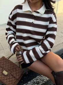 Siren Gaze 秋季/夏季/冬季/返校季/女士演唱会/外出/生日/服装/休闲/千禧年/2000年代/90年代/性感/西部牛仔女装/波西米亚风/乡村风/俱乐部/办公室/鸡尾酒会/复古/紧身/锐舞音乐节/趣味/优雅/老钱/街头服饰/度假/乡村音乐会/工作/保守/国庆新年派对/基础款/毕业/新年/条纹印花休闲长袖Polo衫 春季棕色 - 咖啡棕 - 查看 3