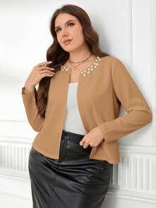 EMERY ROSE Chaqueta elegante de manga larga con falso perla de unicolor para tallas grandes - Caqui - Ver 5