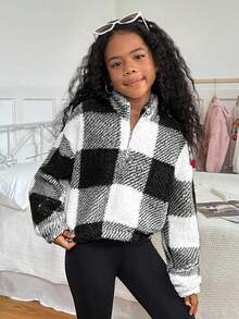 SHEIN Tween Girl Casual Reversible Plaid Fleece Funnel Neck Half-Zip Sweatshirt - Black and White - View 3