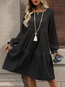 EMERY ROSE 休闲简约碎花图案宽松圆领大码连衣裙，适合秋冬季节穿着。 - 深灰色 - 查看 5