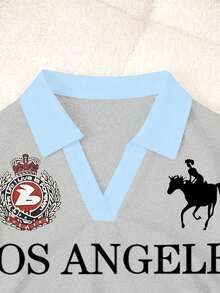 INAWLY 女士撞色滚边字母印花休闲短袖上衣，夏季 - 灰色 - 查看 5