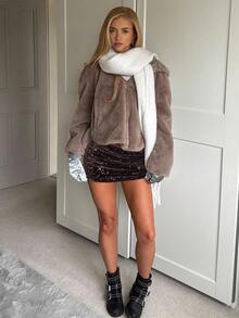 CovetEZ Knit Casual Women's Mocha Brown Sequin Embellished A-Line Skirt,Party Dresses For Women - Brown - View 5