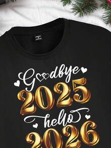 Manfinity Homme 男士休闲新年“再见2025，你好2026”印花黑色修身短袖T恤，新年礼物，送给家人的礼物 - 黑色 - 查看 2